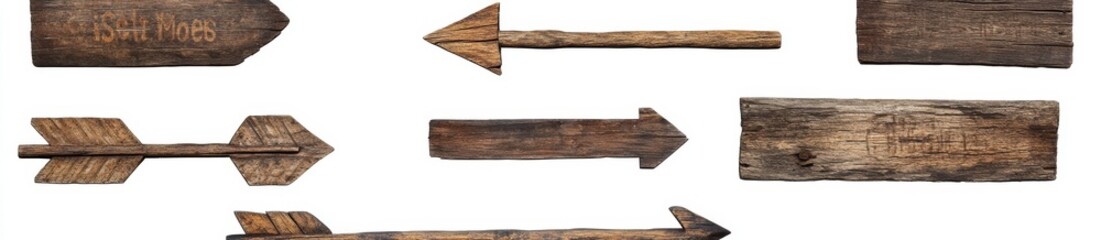 Naklejka premium Rustic wooden arrows and signs isolated on white background.