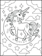Black and white printable Unicorn coloring pages for kids. Children's coloring books with cute unicorn cartoon character, fun and educational materials for kindergarten.
