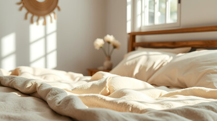 Sunlight Illuminates a Cozy Bedroom: Serene Minimalist Interior Design, Soft Textiles, and Peaceful Atmosphere