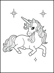 Black and white printable Unicorn coloring pages for kids. Children's coloring books with cute unicorn cartoon character, fun and educational materials for kindergarten.
