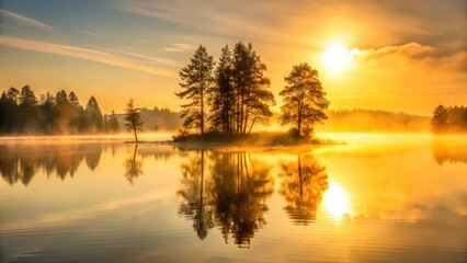 Fototapeta premium Golden Sunrise Over Serene Misty Lake with Silhouetted Trees and Their Reflections