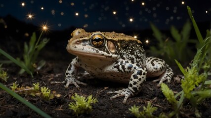 Fototapeta premium Nighttime Wanderer: Midwife Toad Under a Starlit Sky