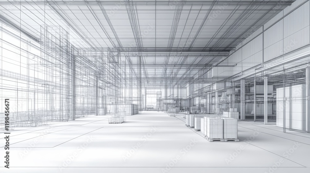 Poster wireframe design of an industrial interior showcasing a spacious layout with storage units in a mini