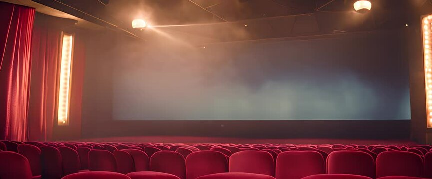 An empty cinema auditorium with red velvet seats, dim golden lights casting soft shadows, a large silver screen at the front, and a vintage popcorn machine in the corner