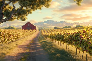 Fototapeta premium A peaceful vineyard under golden afternoon light, evoking warmth and abundance.