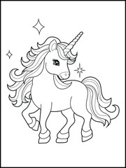 Black and white printable Unicorn coloring pages for kids. Children's coloring books with cute unicorn cartoon character, fun and educational materials for kindergarten.
