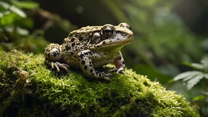 Obraz premium Forest Tranquility: Midwife Toad Resting on Mossy Rock