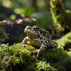 Obraz premium Sunlit Escape: Midwife Toad on Mossy Rock in Forest