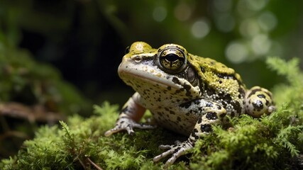 Obraz premium Wild Harmony: Midwife Toad Amid Moss and Sunlight in Forest
