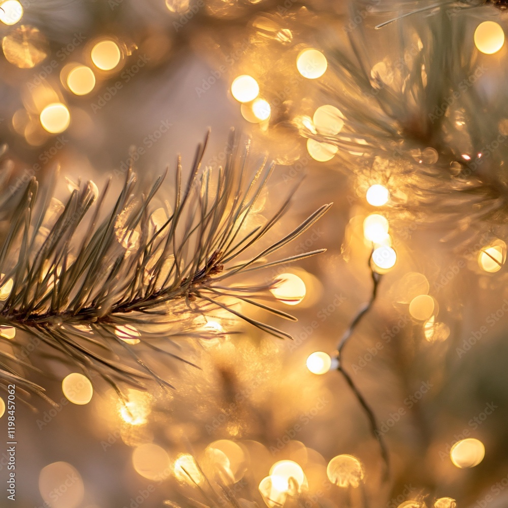 Poster close-up of illuminated pine branch with bokeh lights. (3)