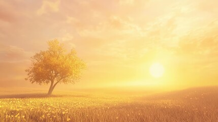 A peaceful landscape with the golden glow of the sun rising over a misty field.