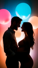 A silhouette of a couple embracing, illuminated by colorful blurred lights, capturing a moment of love and anticipation.