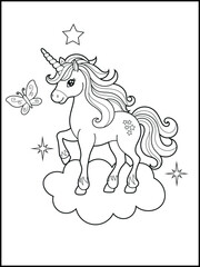 Black and white printable Unicorn coloring pages for kids. Children's coloring books with cute unicorn cartoon character, fun and educational materials for kindergarten.
