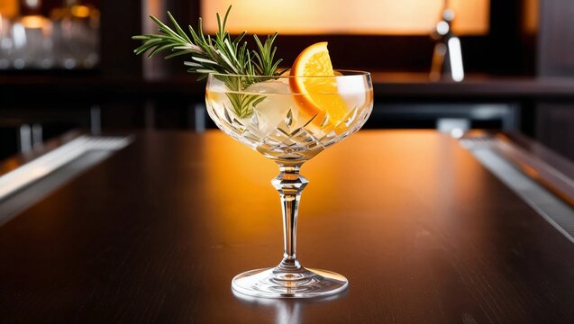 AI GENERATE, Craft cocktail in a crystal glass with fresh herbs and citrus garnish, moody bar lighting
