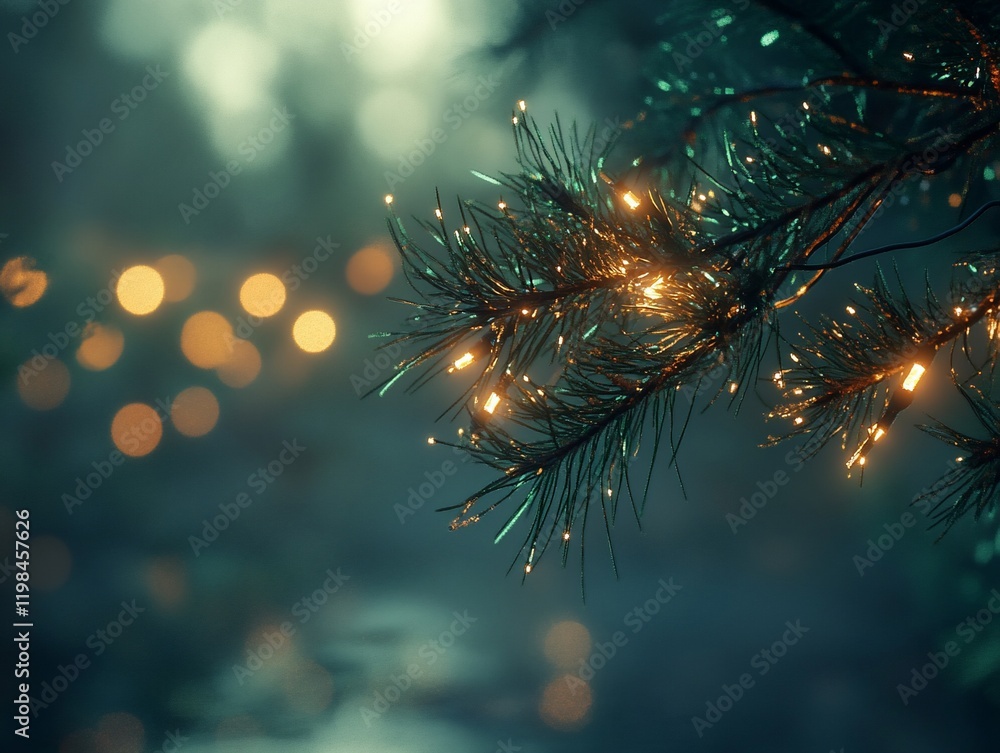 Poster illuminated pine branch with bokeh lights in a forest at night.
