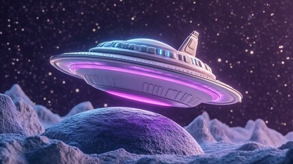 Obraz premium Futuristic spaceship hovering over an alien planet's surface at night.