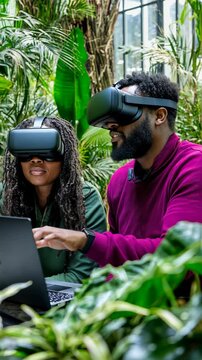 Couple explores virtual reality together in indoor garden during a tech workshop