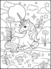 Black and white printable Unicorn coloring pages for kids. Children's coloring books with cute unicorn cartoon character, fun and educational materials for kindergarten.
