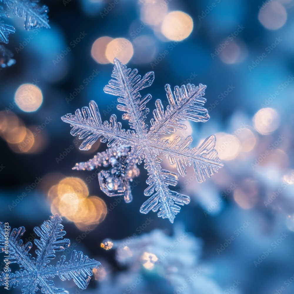 Poster intricate snowflake detail with bokeh lights.