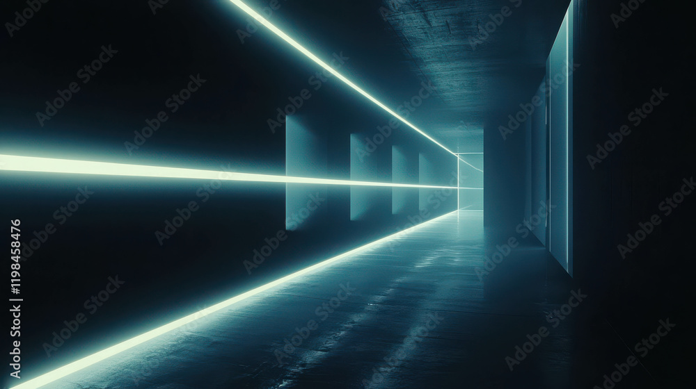 Poster dynamic light beams cutting through a dark corridor in a futuristic setting