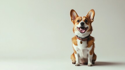Happy Corgi Portrait: A cheerful Pembroke Welsh Corgi sits attentively, showcasing its adorable smile and distinctive markings against a light-grey backdrop.