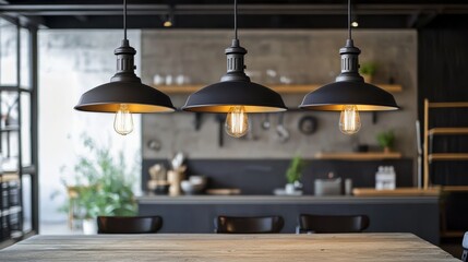 Stylish industrial pendant lights hang over a wooden table in a modern interior, creating a warm and inviting atmosphere.
