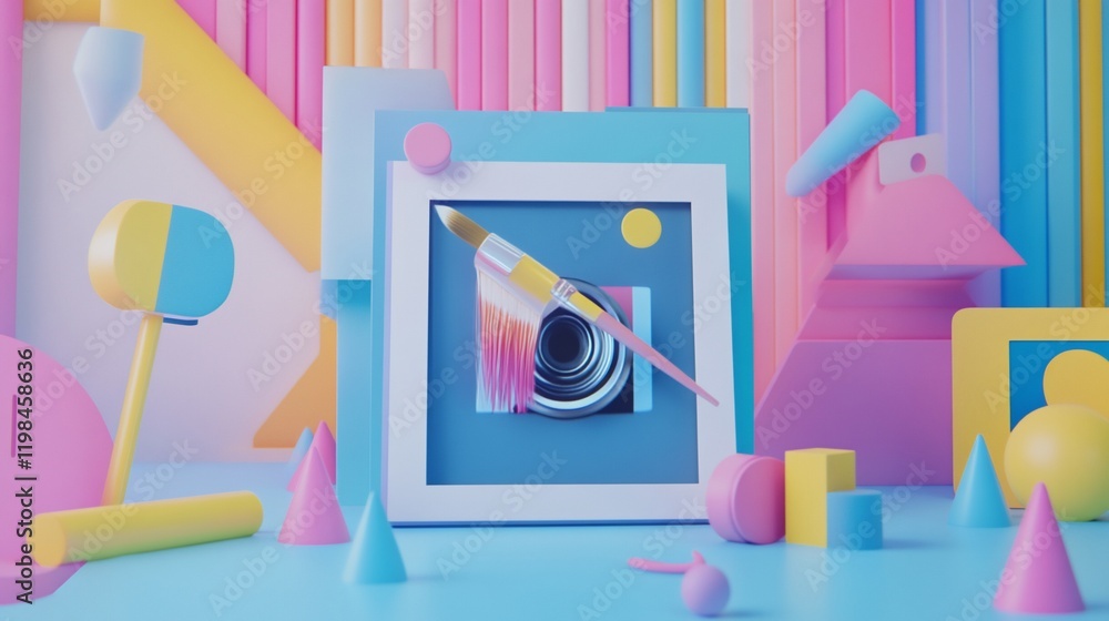 Poster pastel-colored 3d render of paintbrush in frame with geometric shapes.
