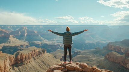 A person standing with arms wide open on top of a mountain, looking out at a vast landscape.