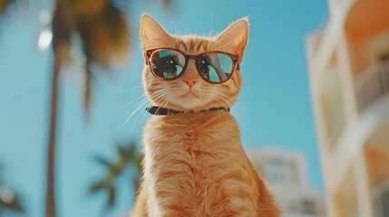 Cool Cat in Sunglasses: A stylish ginger cat, sporting mirrored sunglasses and a black collar, sits confidently outdoors against a backdrop of palm trees and a sunny sky.
