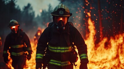 Naklejka premium Brave Firefighters Battling Forest Inferno Wildfire Scene Night Action-Packed Rescue