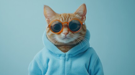 Cool Cat in a Hoodie: A stylish orange tabby cat with a cool demeanor dons oversized sunglasses and a cozy blue hoodie, exuding a touch of attitude and a hint of mischief.