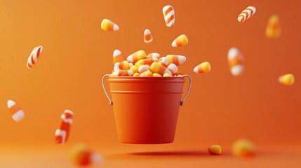 Orange bucket overflowing with candy corn and candy canes against an orange background.