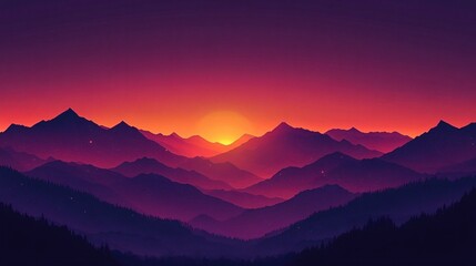 Beautiful minimalist illustration of a sunset over mountains, perfect for tranquil themes in travel, nature retreats, or relaxation promotions.