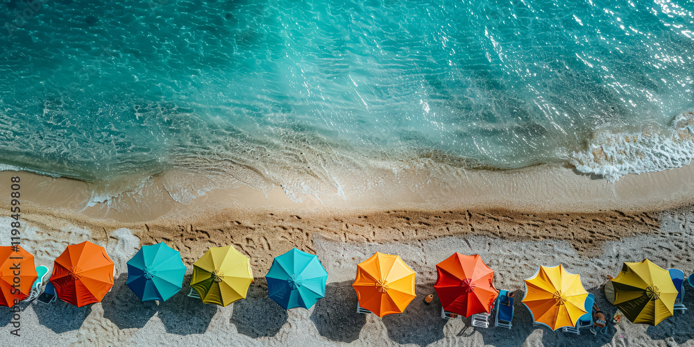 Poster row of colorful umbrellas on a beach. the umbrellas are of different colors and sizes, and they are 