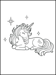Black and white printable Unicorn coloring pages for kids. Children's coloring books with cute unicorn cartoon character, fun and educational materials for kindergarten.
