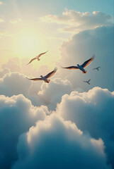 A group of birds flying on the sky surrounded by clouds and sunlight