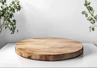 Wooden round display stand on white table with plants.