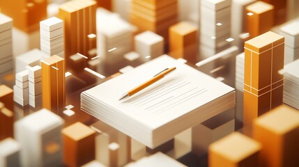 Contract on stack of papers with pen, amidst stylized city blocks.