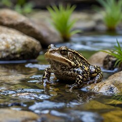 Obraz premium Charming Scene: African Clawed Toad and Fish in a Shallow Stream