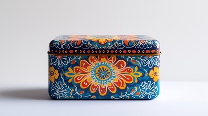 A radiant candy tin with intricate, bold designs, centered on a white surface.