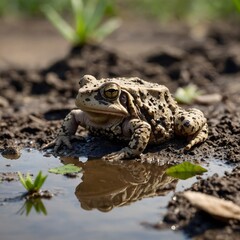 Obraz premium Curious African Clawed Toad on the Muddy Edge of a Pond