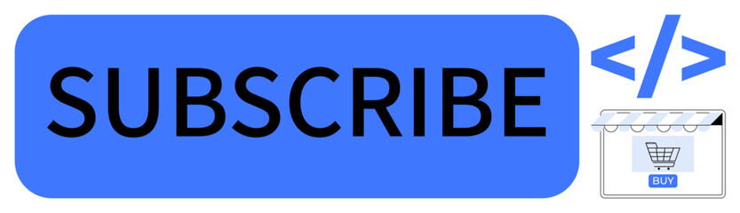 Blue Subscribe button with HTML code tag symbol and shopping cart icon. Ideal for web development, e-commerce, email marketing, online tutorials, digital subscriptions, software tools, user