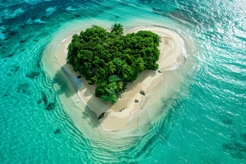 Small island with a heart shaped island in the middle of the ocean. The island is surrounded by water and has a lot of trees. The image has a peaceful and serene mood