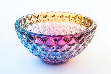 Fototapeta premium A radiant crystal bowl with intricate rainbow reflections displayed on a white background.