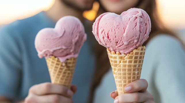 Couple sharing heart-shaped ice cream cones in a romantic sunset setting.