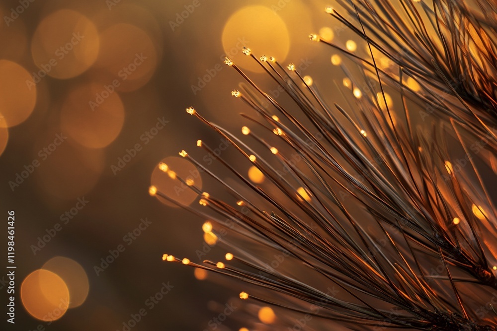 Poster illuminated pine needles with bokeh background.