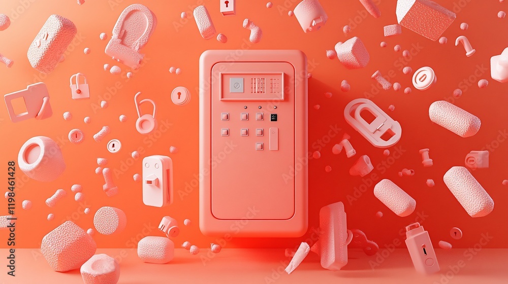 Poster coral pink safe with various security objects floating around it.