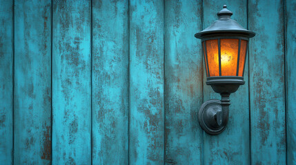 Illuminated Lantern Adorns Weathered Teal Wooden Wall