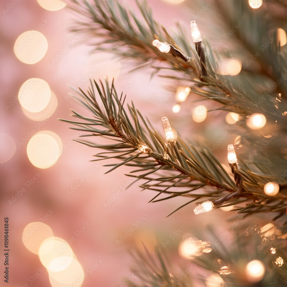 Aufkleber close-up of illuminated pine branch with bokeh background.