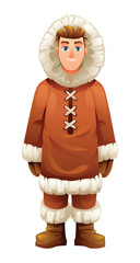 Eskimo man character in traditional fur outfit. Vector cartoon illustration